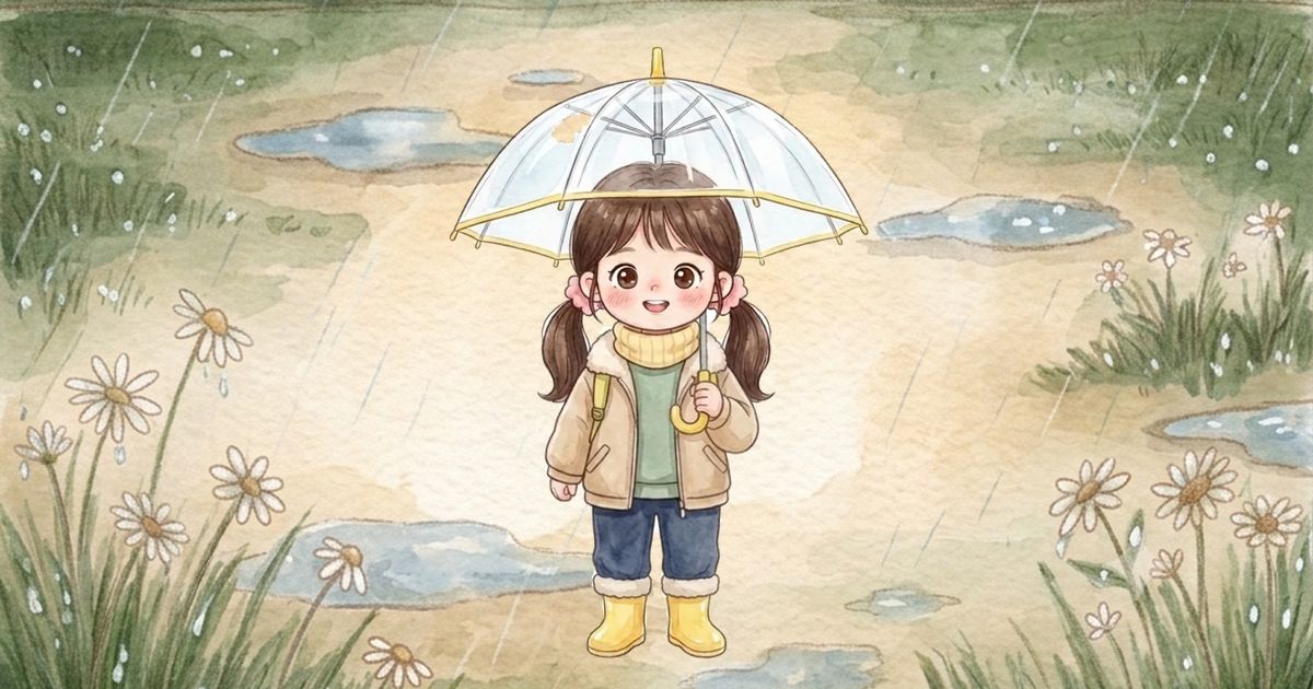 여자아이 그림, 맨투맨 + 두꺼운 점퍼, 우산과 장화