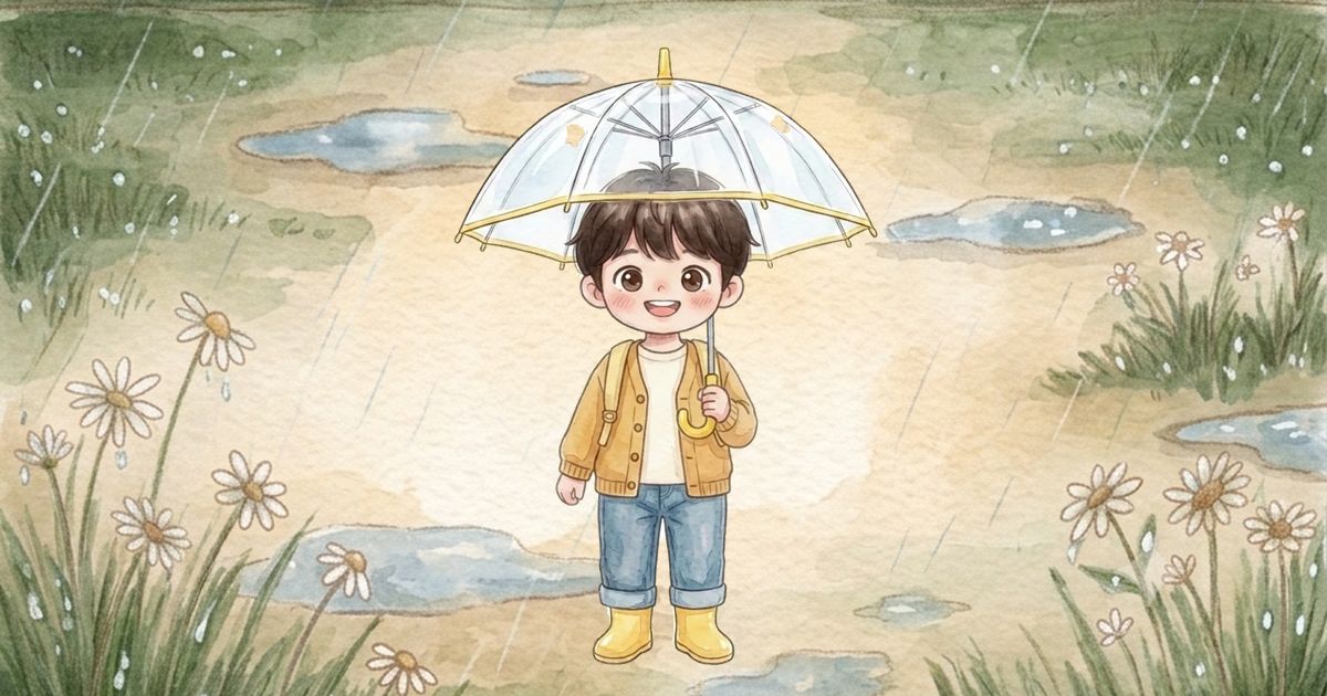 남자아이 그림, 긴팔 + 얇은 가디건, 우산과 장화