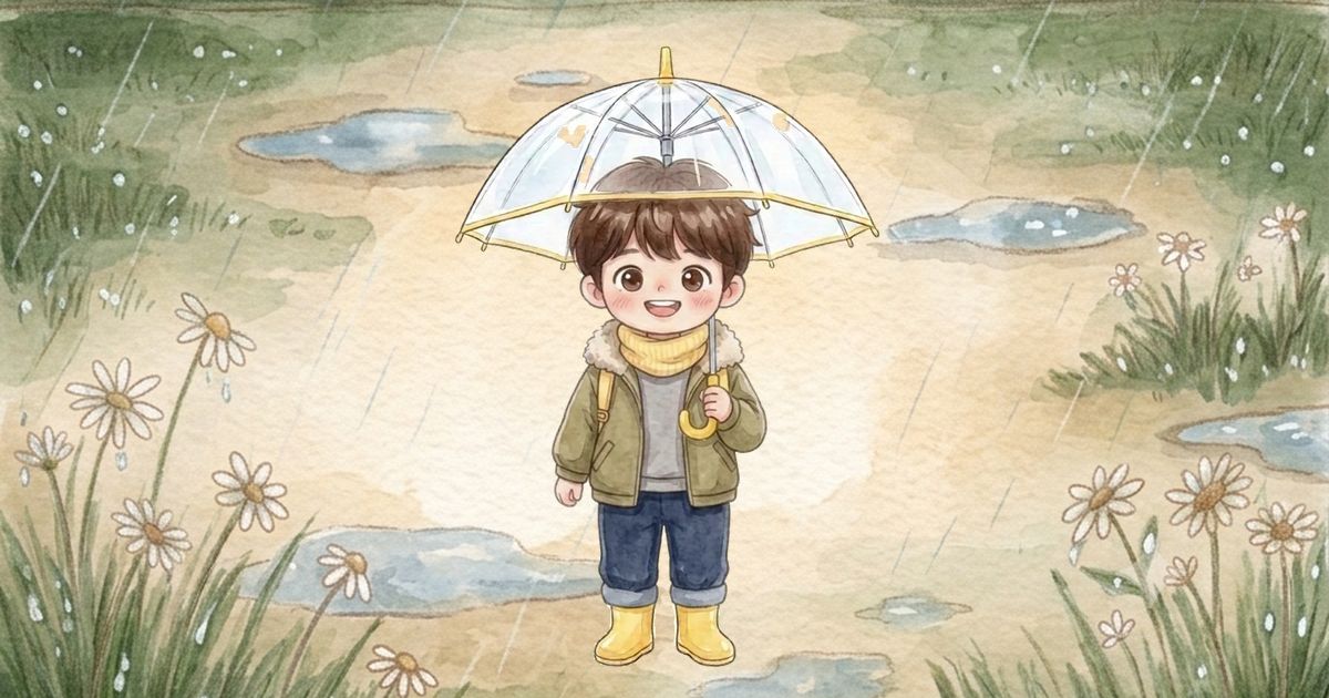 남자아이 그림, 맨투맨 + 두꺼운 점퍼, 우산과 장화